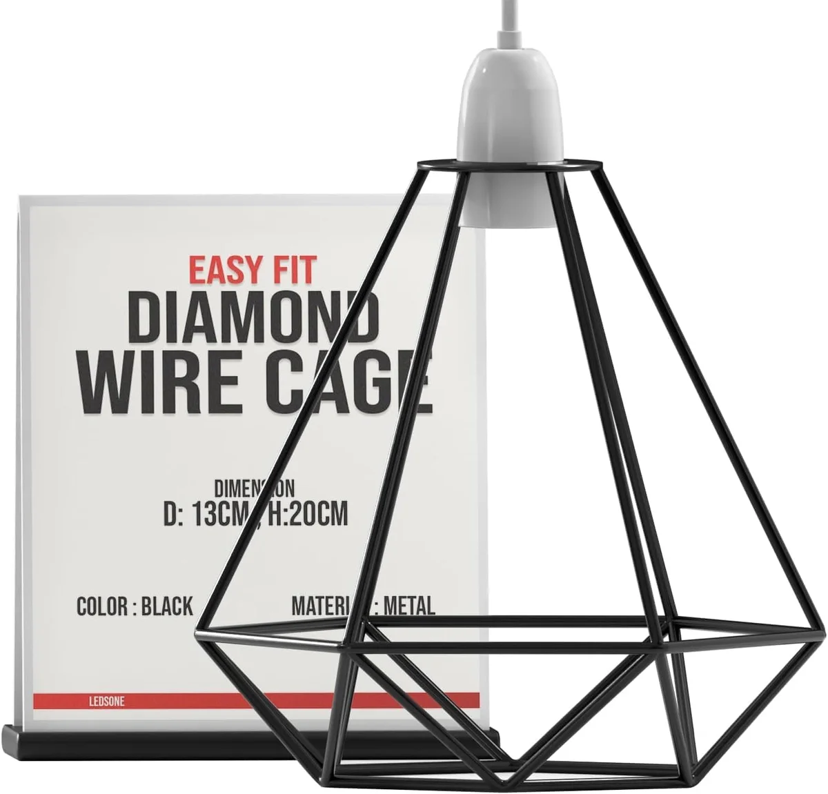 Black diamond pendant lampshade with metal wire cage in diamond shape, black finish, for E27 ceiling light bulbs