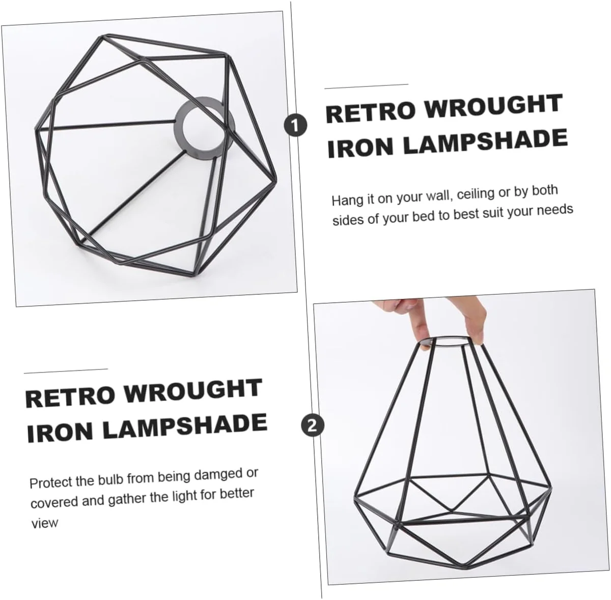 Black metal diamond wire cage E27 ceiling lampshade hanging with visible light bulb inside against white background