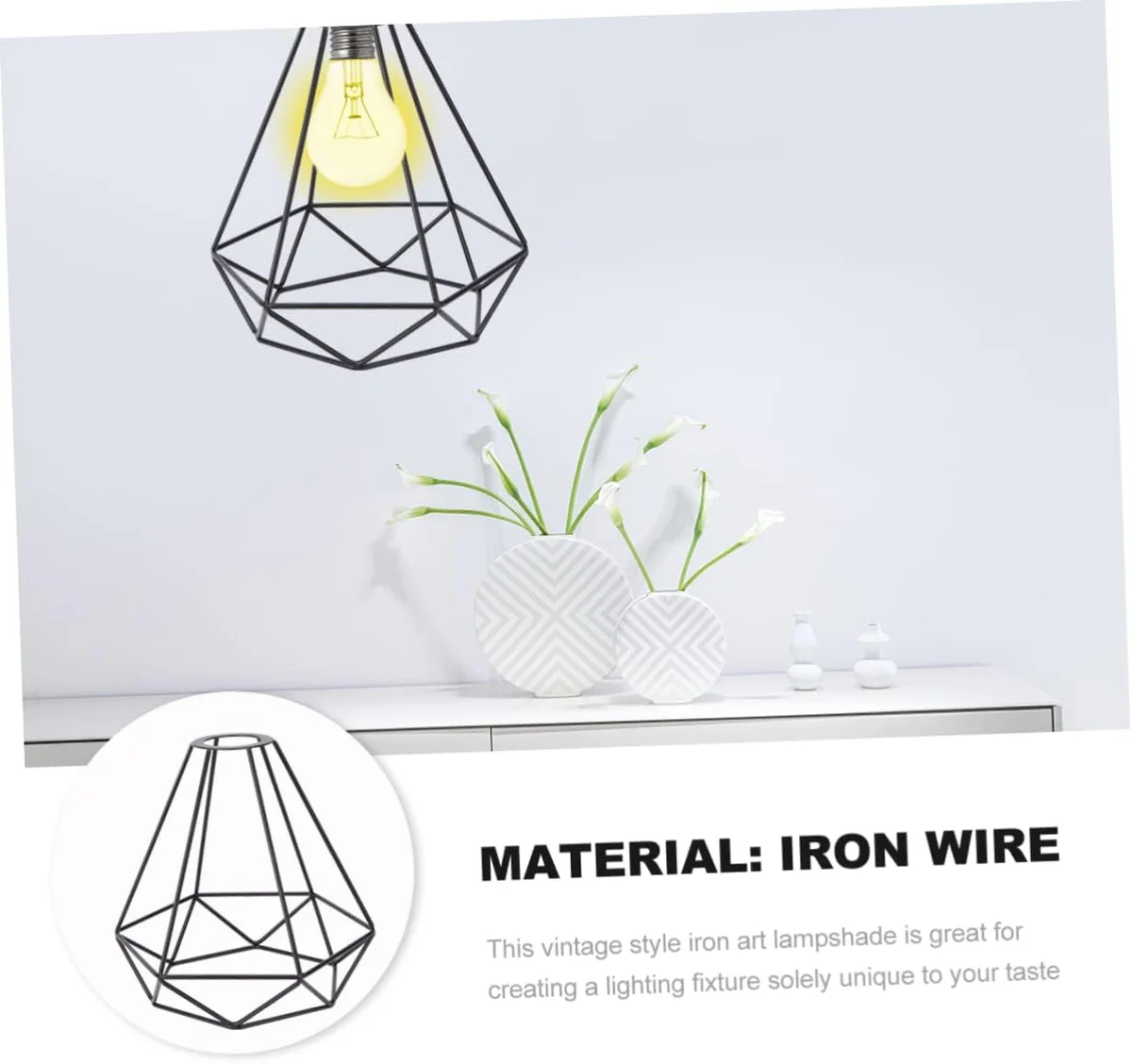 Black metal diamond wire cage industrial pendant light shade shown hanging with visible E27 bulb socket and reducer ring