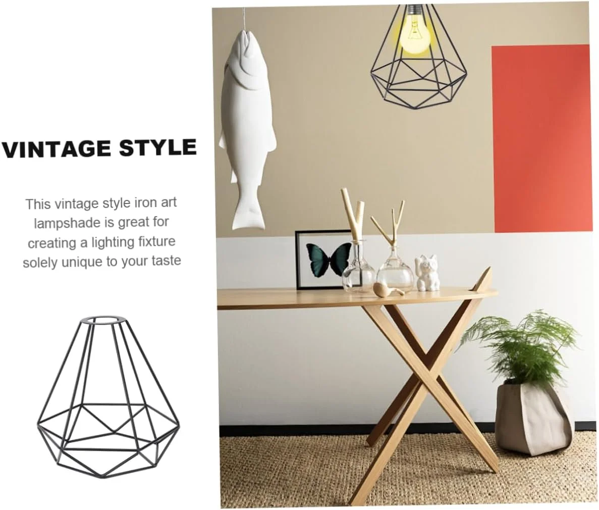 Black metal diamond wire cage modern ceiling light shade shown from side angle, highlighting geometric open design and finish