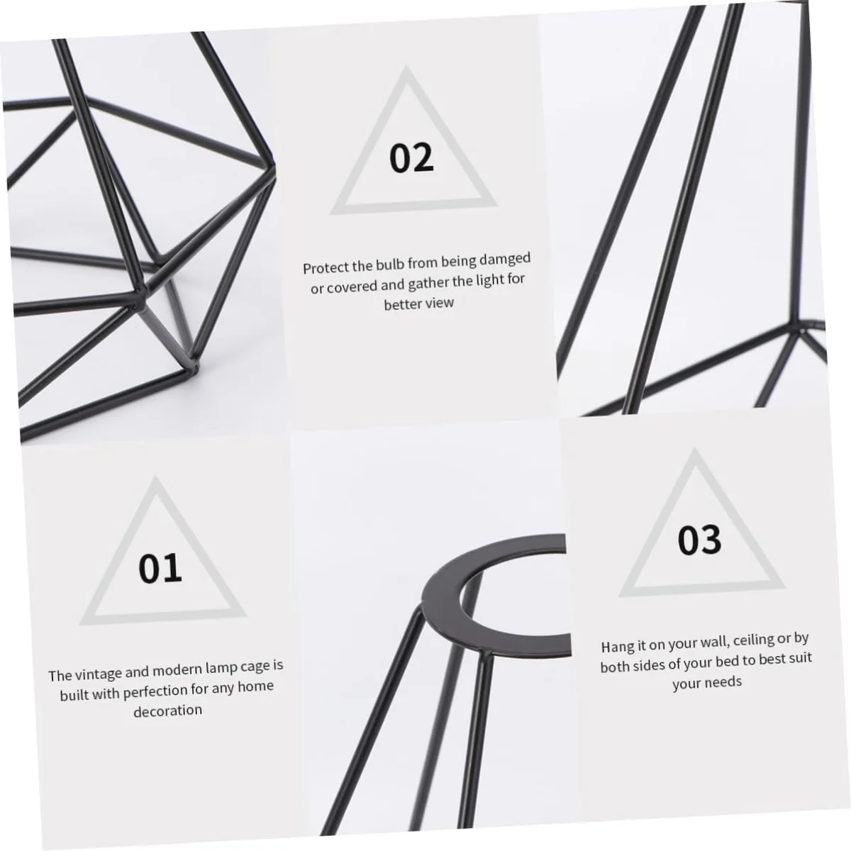 Black diamond-shaped metal wire cage easy fit pendant lampshade hanging from ceiling with visible E27 bulb socket