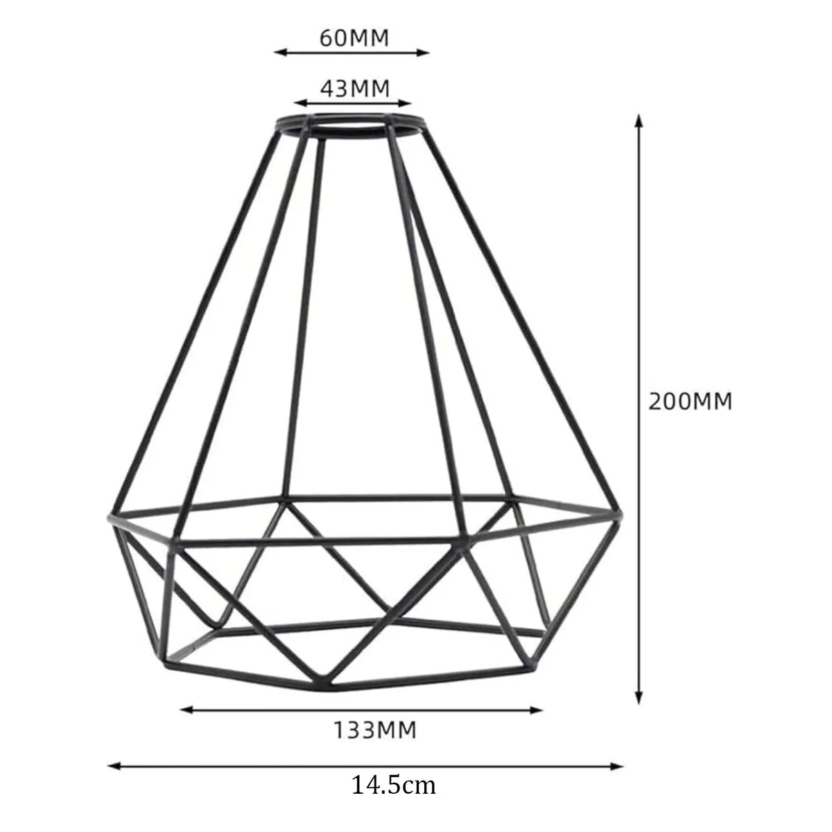Black diamond pendant lampshade with metal wire cage in diamond shape, black finish, shown hanging indoors against white background