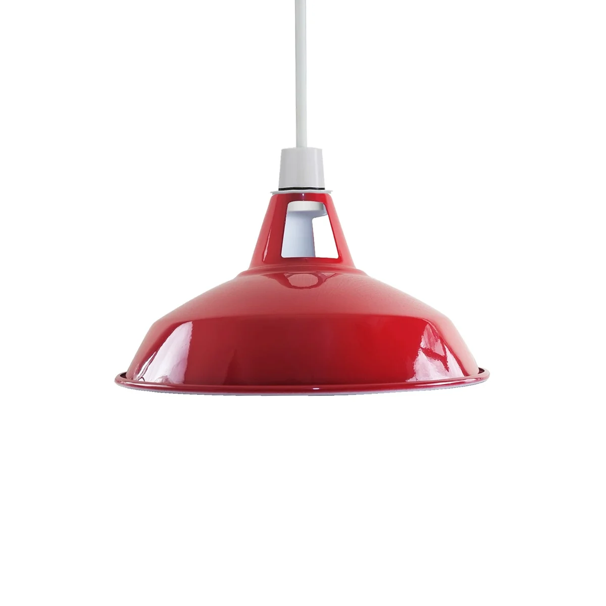 Red barn pendant lamp shade with industrial metal dome design, compatible with E27 bulbs, 30 cm diameter