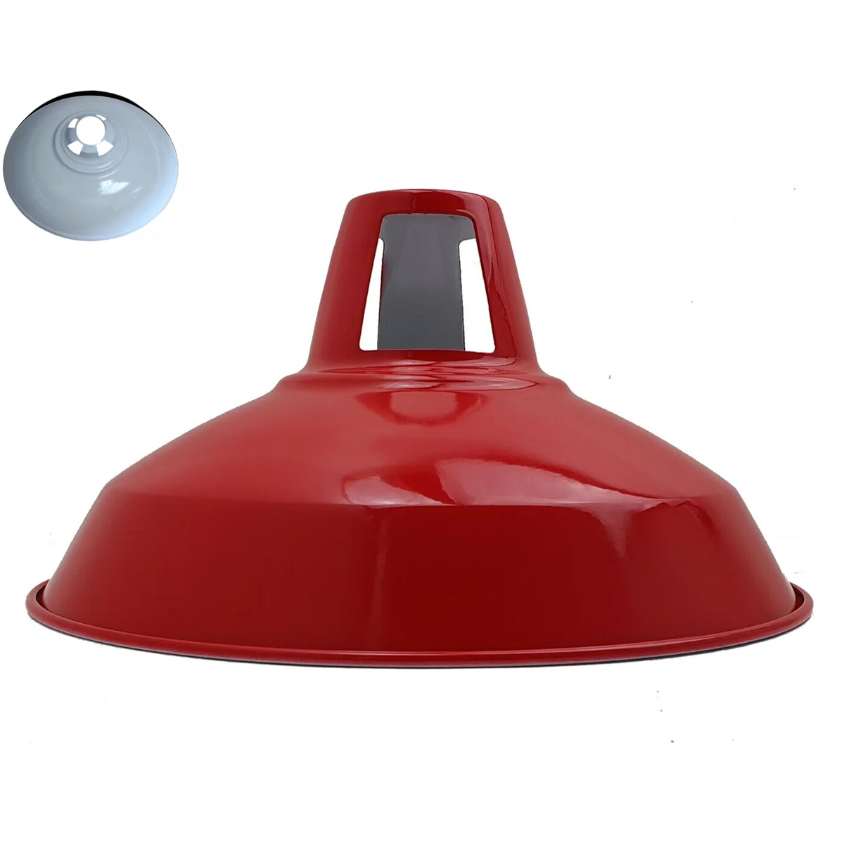 Red barn-style metal pendant light cover with industrial vintage design, 30cm diameter, fits E27 bulbs