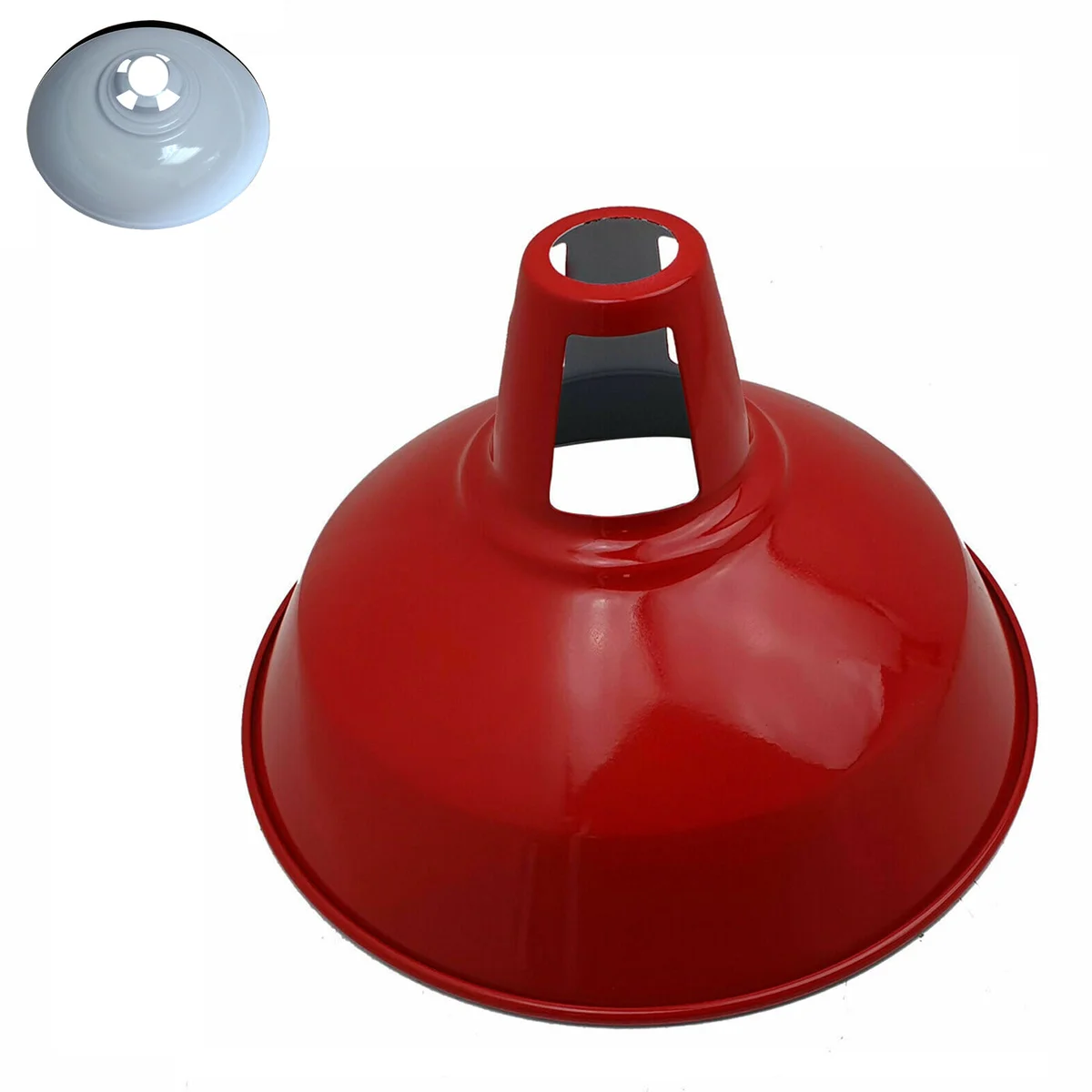 Red barn pendant lamp shade with bold industrial metal design, dome shape, and E27 bulb fitting on white background
