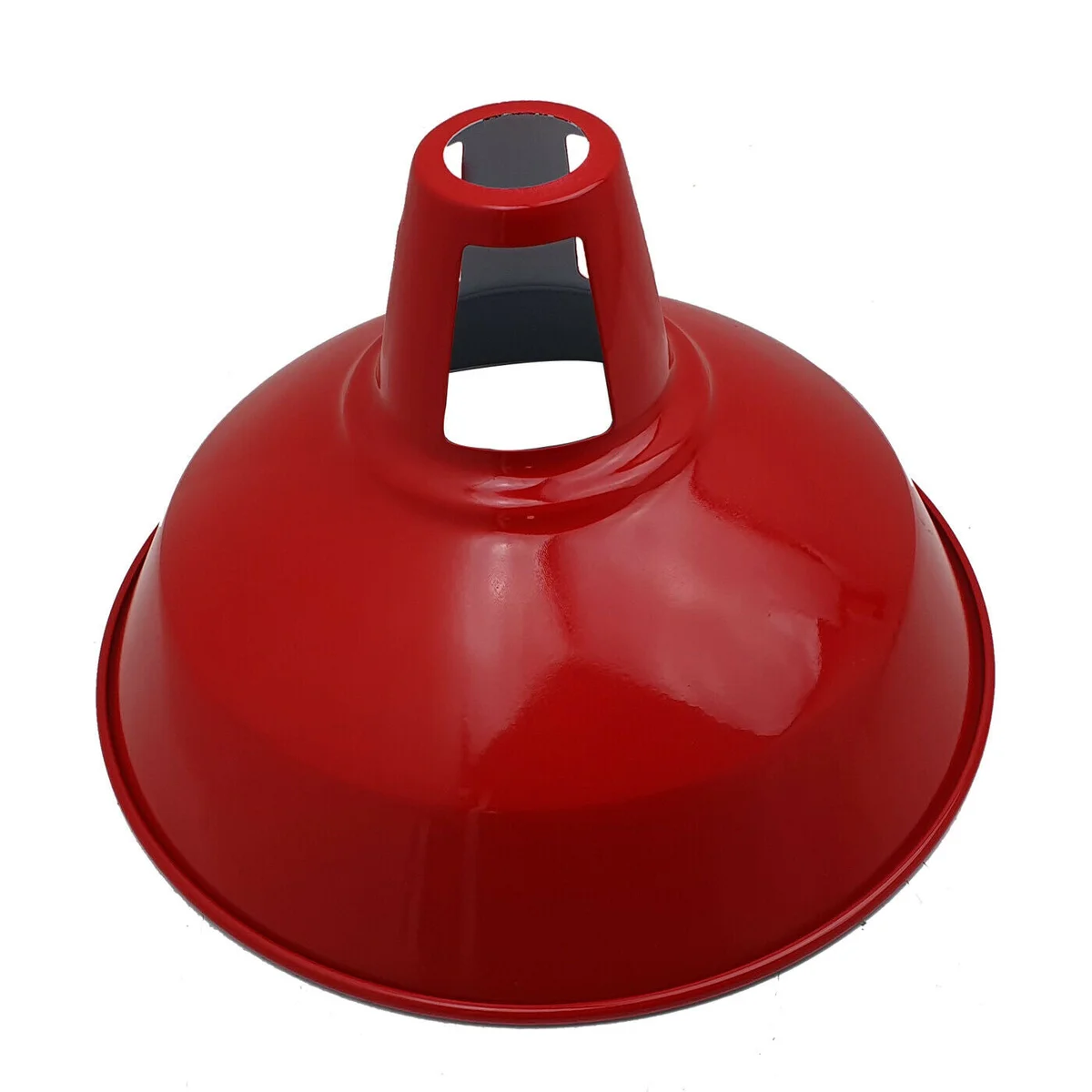 Red barn pendant lamp shade with industrial metal dome design, 30cm diameter, fits E27 bulbs, vintage style