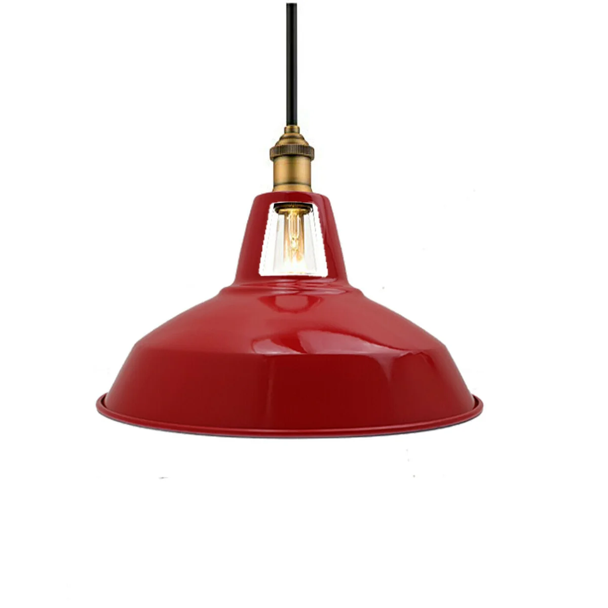 Red barn pendant lamp shade with bold industrial metal design and E27 fit, shown hanging in modern interior setting