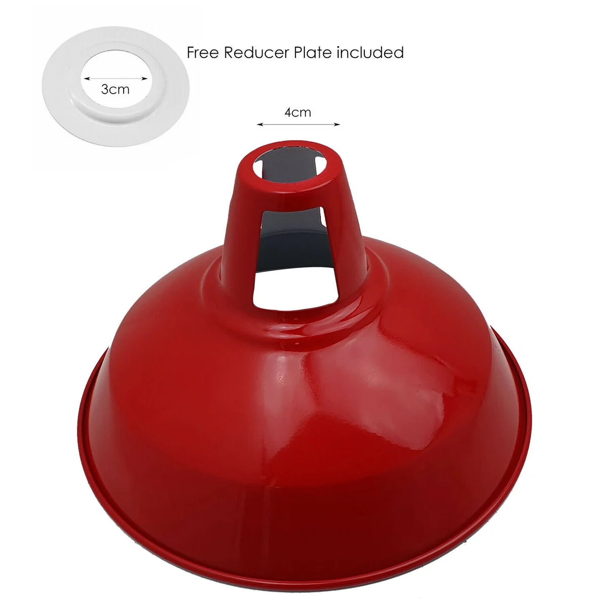 Red barn pendant lamp shade with industrial metal dome design, 30cm diameter, suitable for E27 bulbs and vintage style lighting