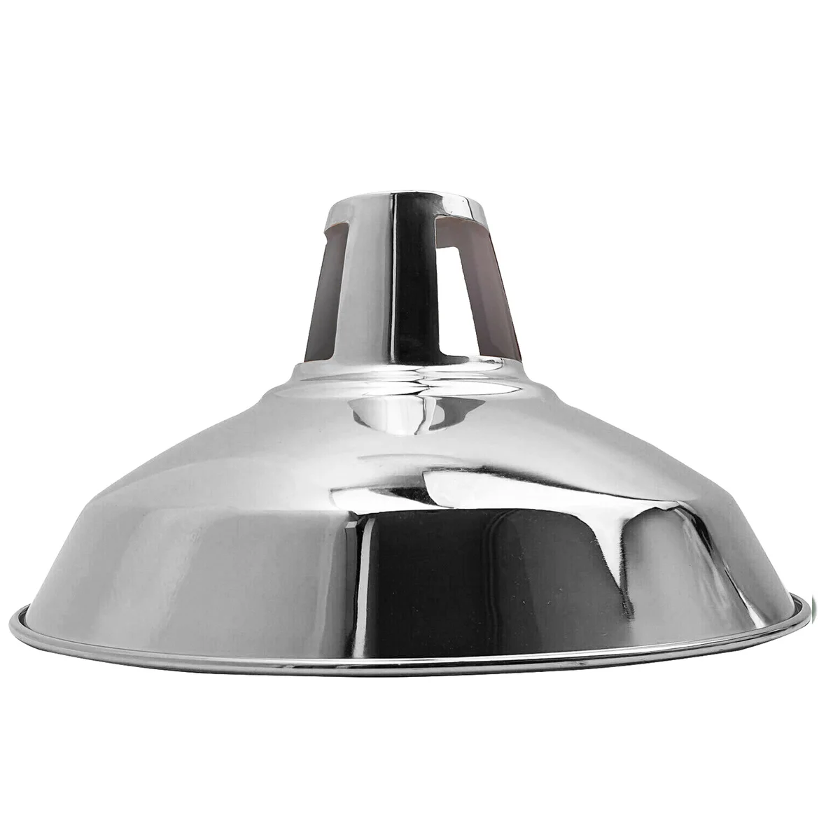Vintage chrome pendant lamp shade with slotted barn-style metal design, 30cm diameter, easy fit E27 base