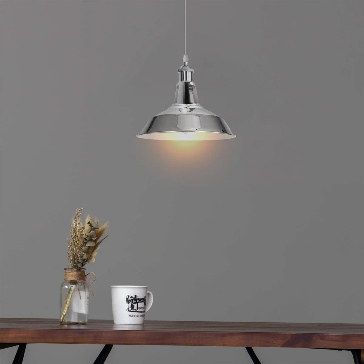 Chrome vintage pendant light shade with slotted barn design, metal construction, and easy fit E27 base, 30cm diameter.