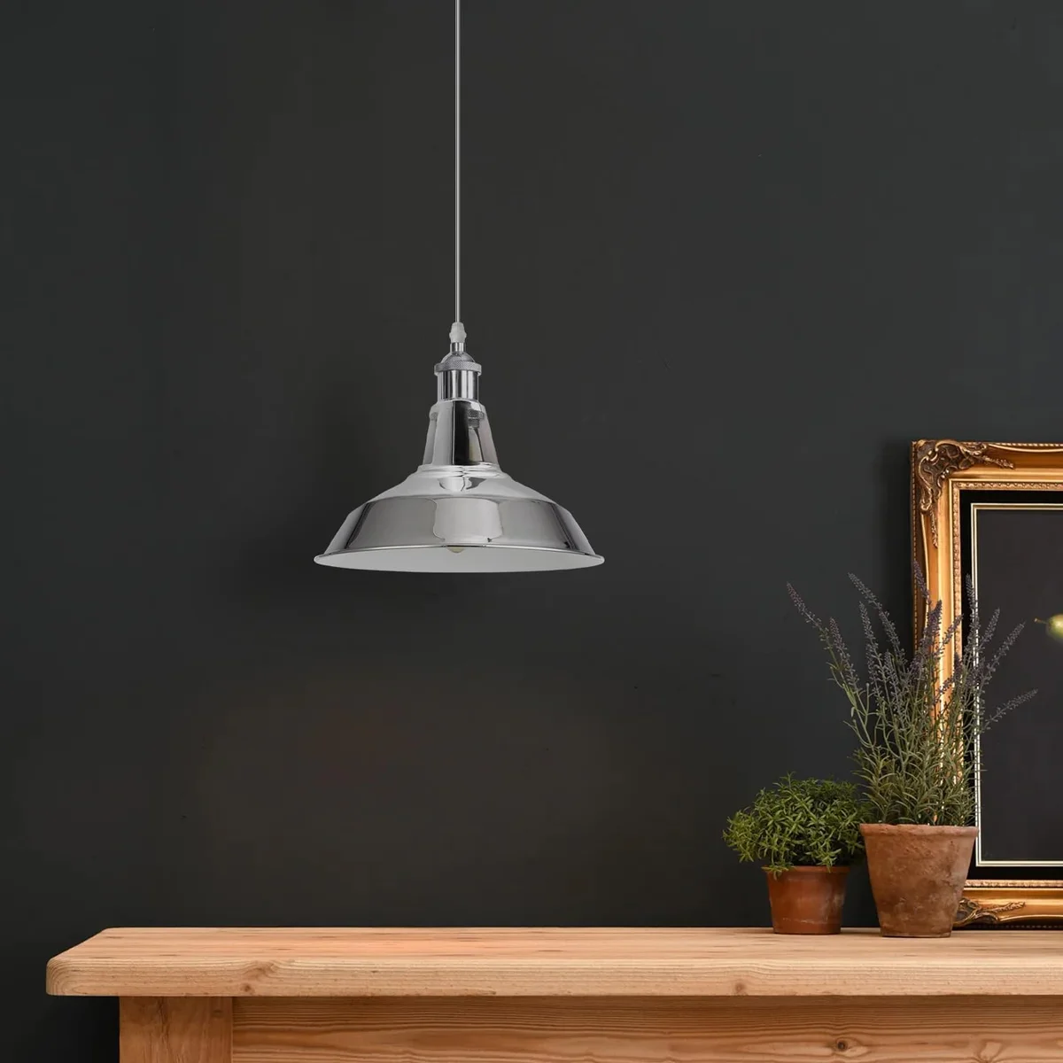 Chrome metal ceiling light shade with slotted barn-style design, dome shape, and easy-fit E27 base, 30cm diameter.