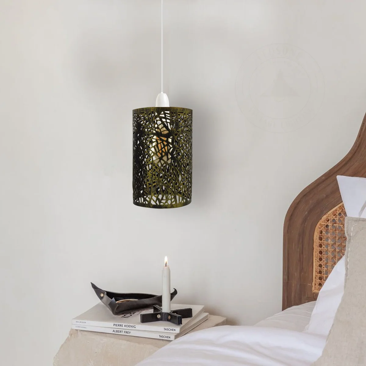 Modern drum style metal ceiling pendant light with cage design and E27 lamp holder in black finish