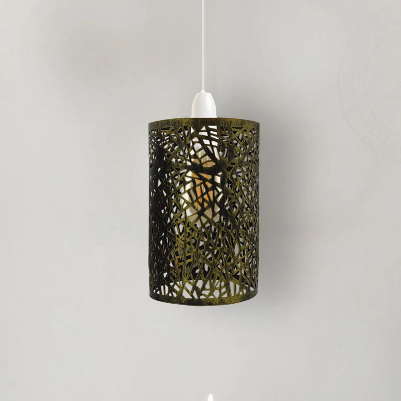 Modern drum style metal lamp cage ceiling pendant with E27 base in black finish against white background
