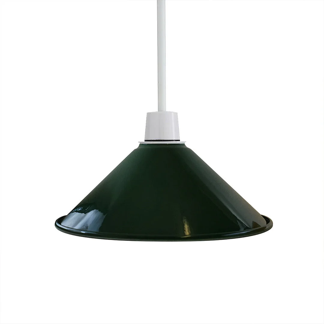 Green cone-shaped metal pendant ceiling lamp shade in vintage industrial style with E27 fitting in classic green finish