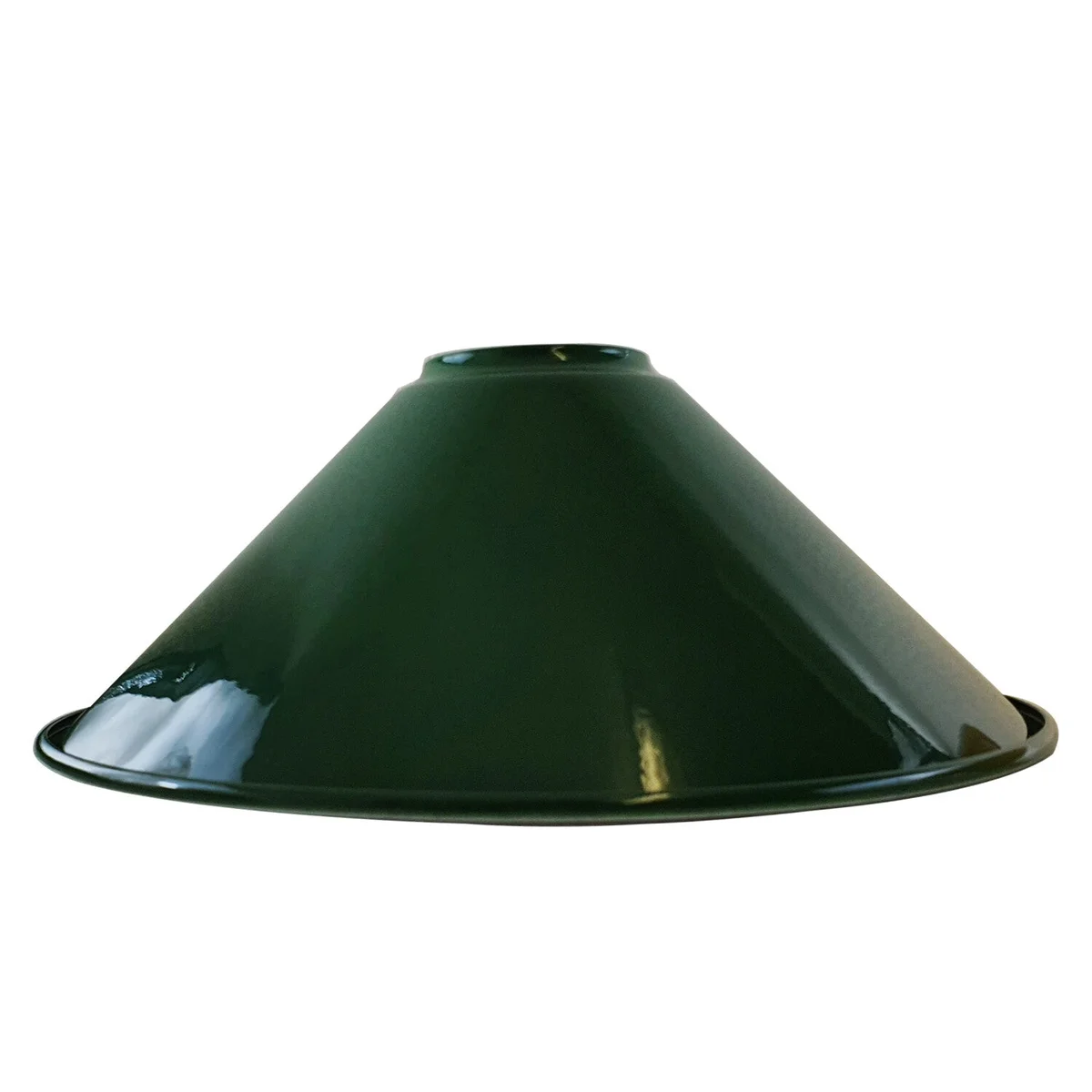 Green metal cone-shaped industrial style pendant light shade with E27 base, shown hanging in modern vintage interior setting