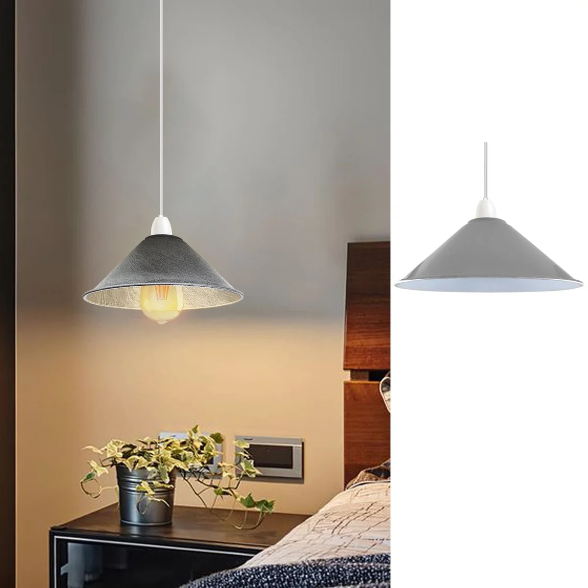 Brushed silver metal cone pendant lamp shade with retro industrial design, 22cm diameter, fits E27 bulbs