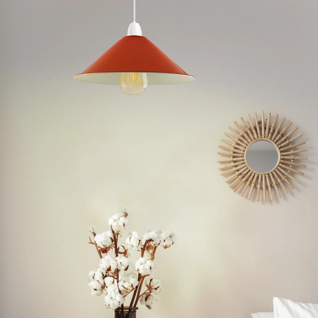 Orange cone pendant light shade with retro industrial metal cone design, 22cm wide, easy fit for E27 bulbs