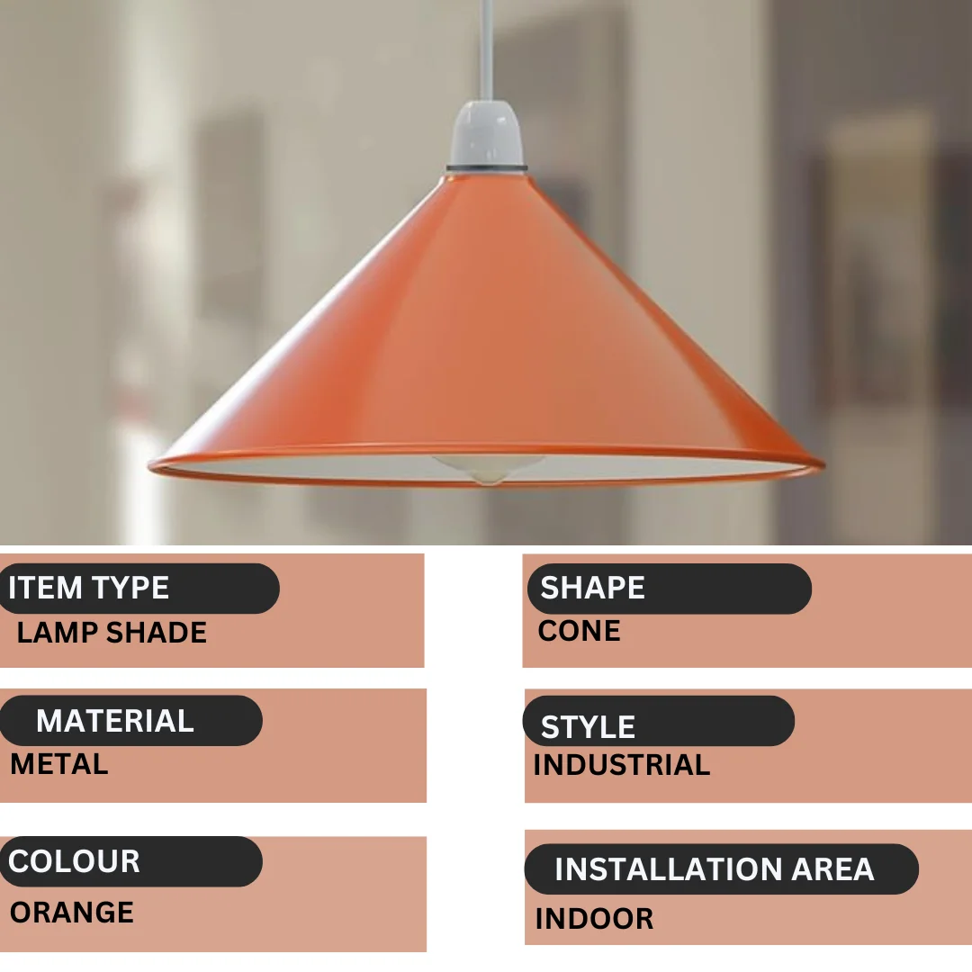 Orange metal pendant light shade with retro cone design, easy fit for E27 bulbs, 22 cm diameter, indoor use only
