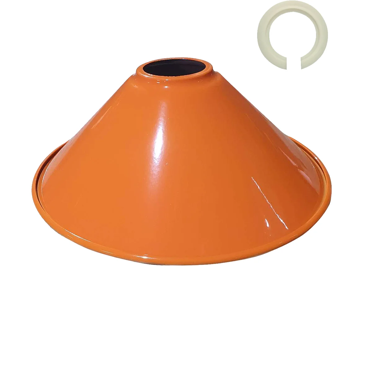 Orange retro industrial lamp shade with cone shape and easy-fit design for E27 bulbs, metal finish, 22 cm wide