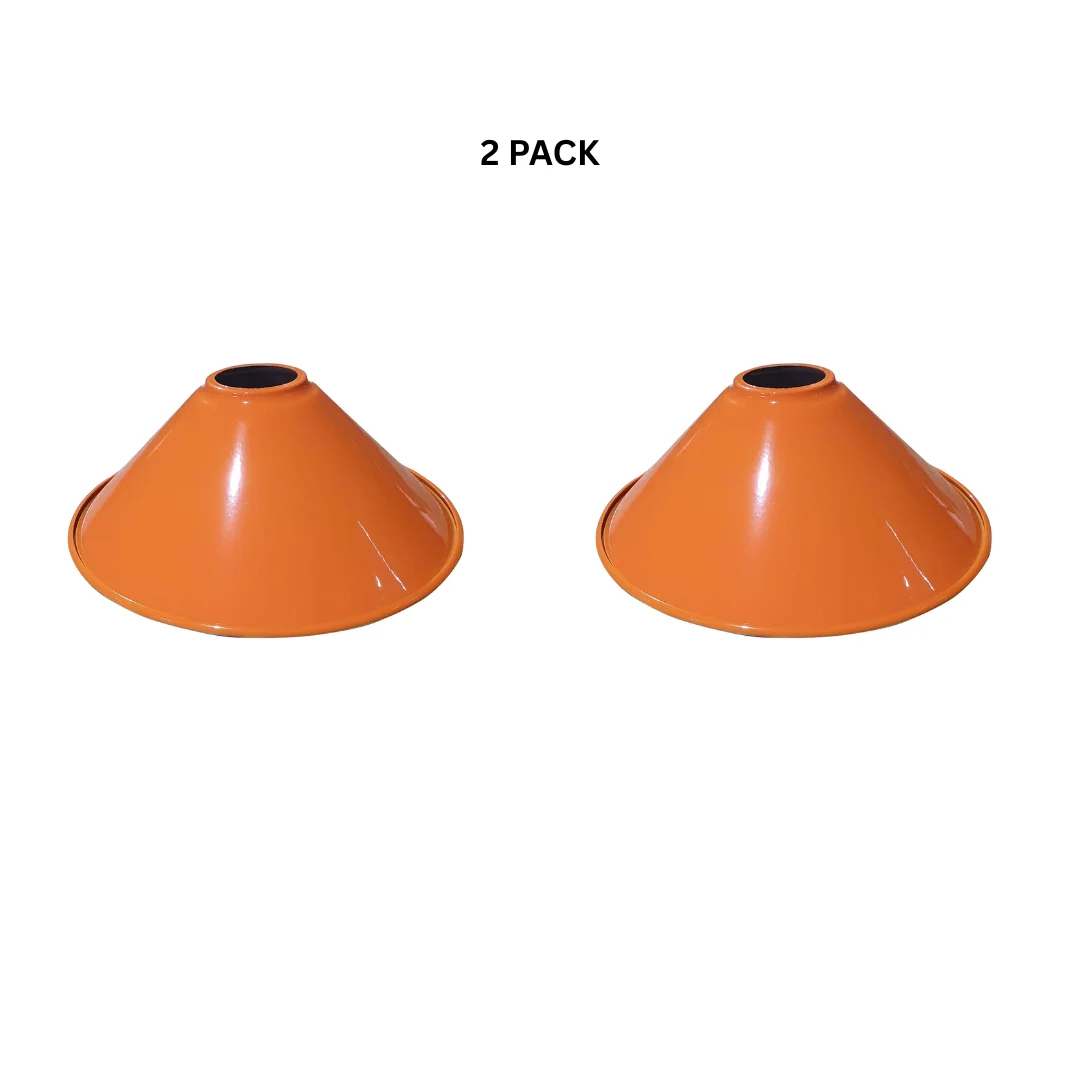 Orange pendant lamp shade with retro cone design, metal material, easy-fit for E27 bulbs, 22cm wide, 10cm high indoors