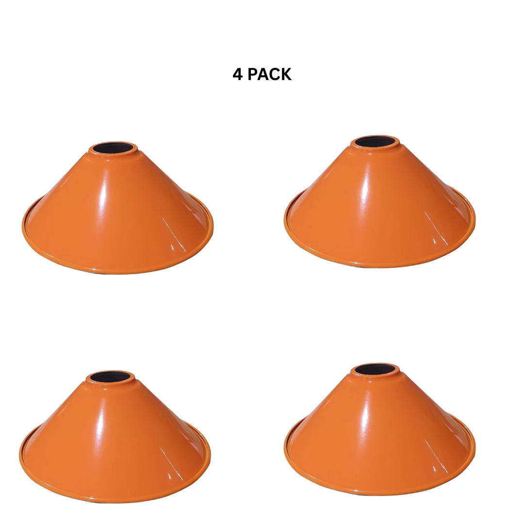 Orange cone pendant light shade with a modern retro metal cone design, easy fit for E27 bulbs, 22cm diameter