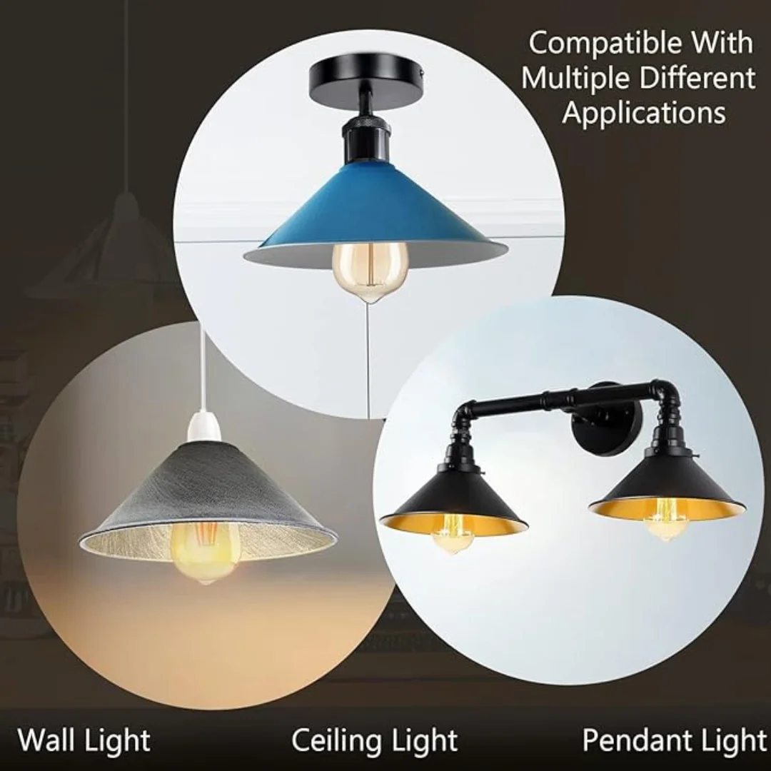 Blue modern ceiling light shade with metal finish, 22cm diameter, easy fit for E27 bulbs, industrial style design