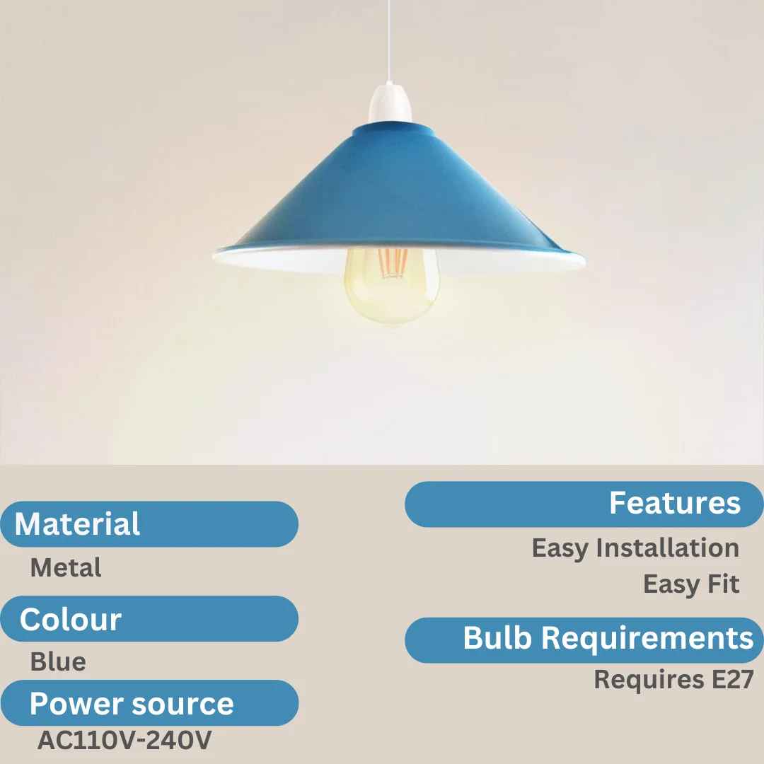 Blue metal modern easy fit lamp shade with high-gloss finish, 22 cm diameter, designed for E27 bulbs, no wiring needed