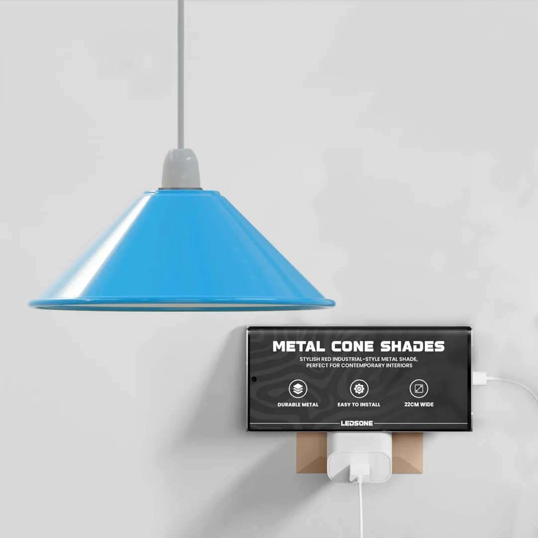 Blue metal lamp shade with high-gloss finish, 22cm diameter, easy fit for E27 bulbs, industrial style ceiling pendant accessory