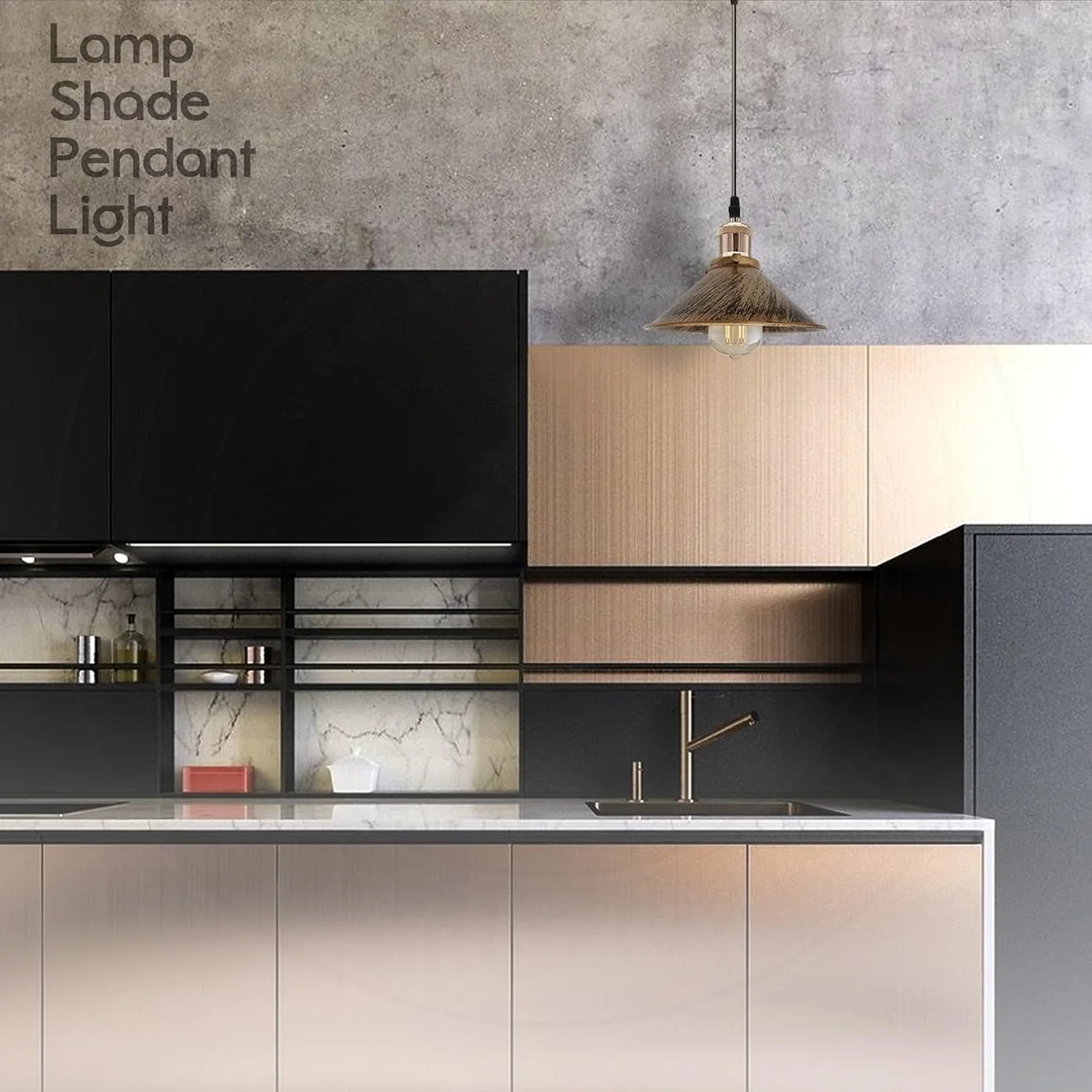 Brushed copper metal pendant lamp shade with cone shape, E27 fit, shown hanging in modern industrial setting
