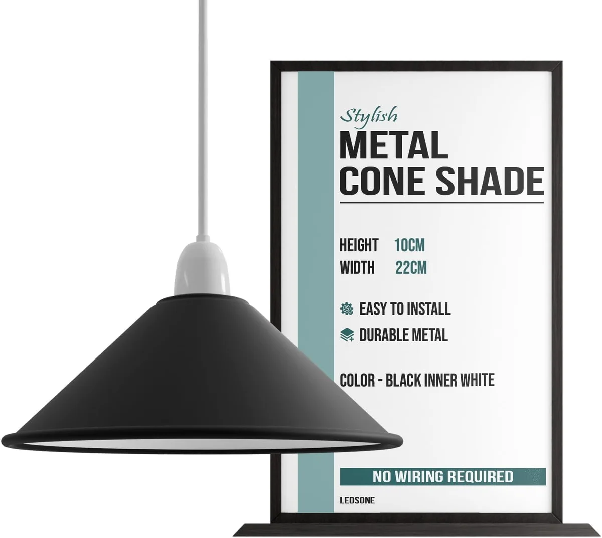 Black modern ceiling pendant light with easy fit industrial-style metal lampshade, rustic elegant design