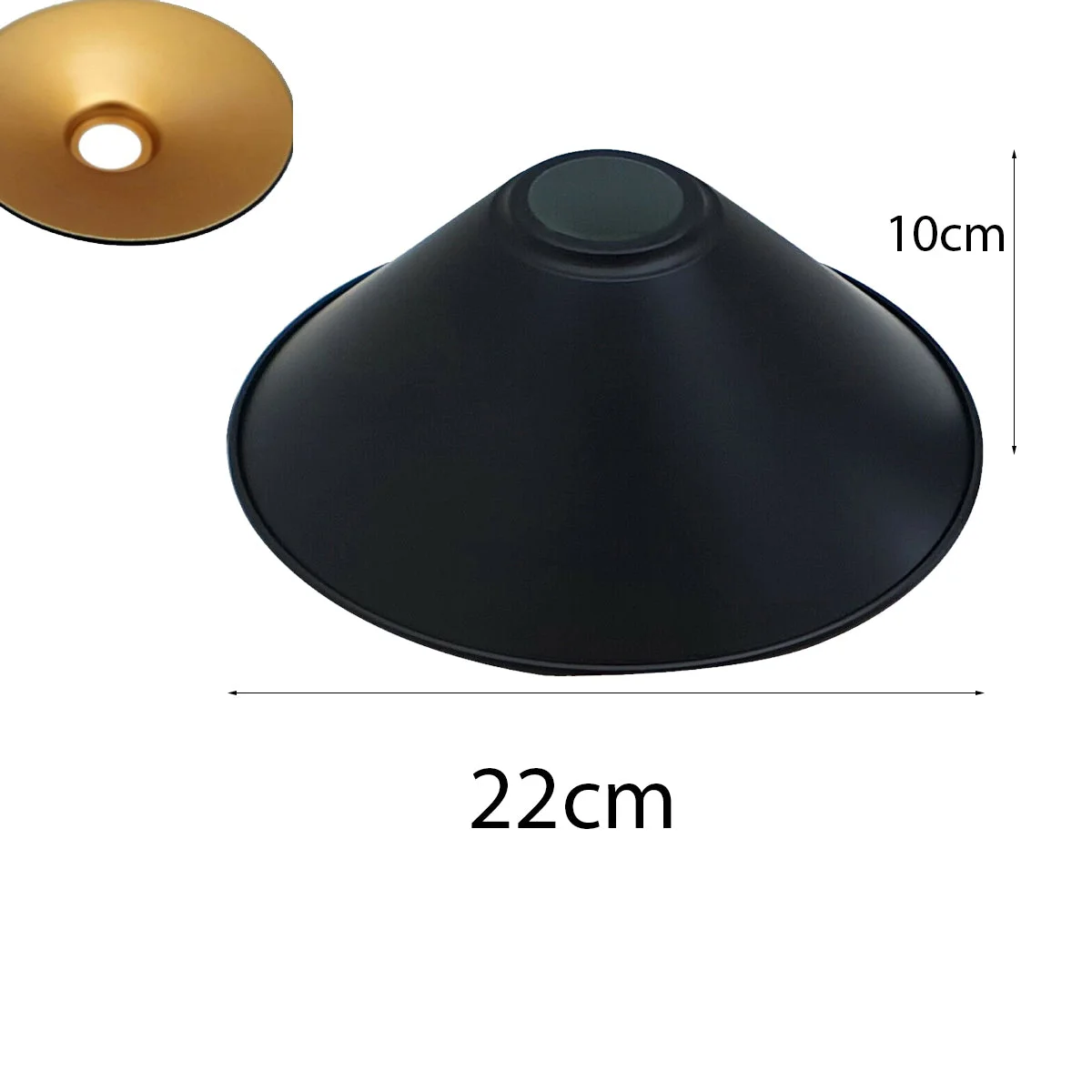 Black metal cone lampshade with gold inner finish, easy-fit E27 base, modern industrial pendant light shade
