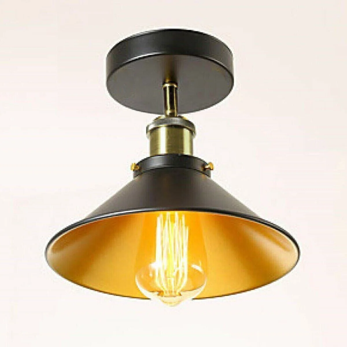 Black metal cone pendant lamp shade with gold inner finish, easy fit E27 lampshade, modern industrial style, 22cm diameter