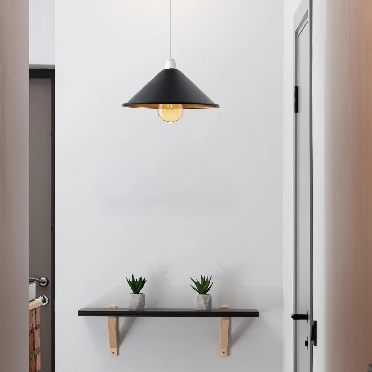Black metal cone industrial pendant light shade with gold inner finish, easy-fit E27 base, modern vintage style