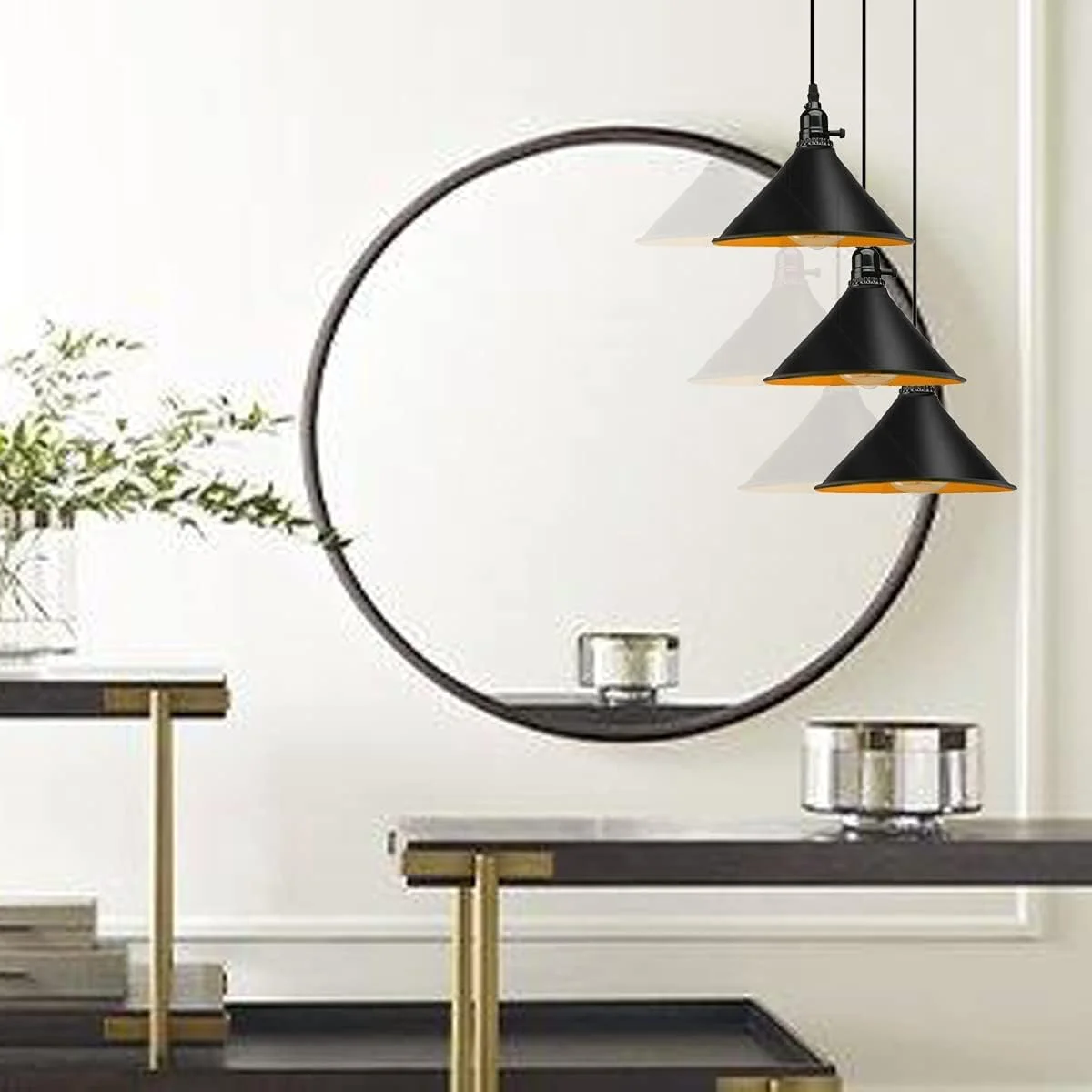 Black metal cone retro industrial lampshade with gold inner finish, easy-fit E27 pendant lamp shade, 22cm diameter