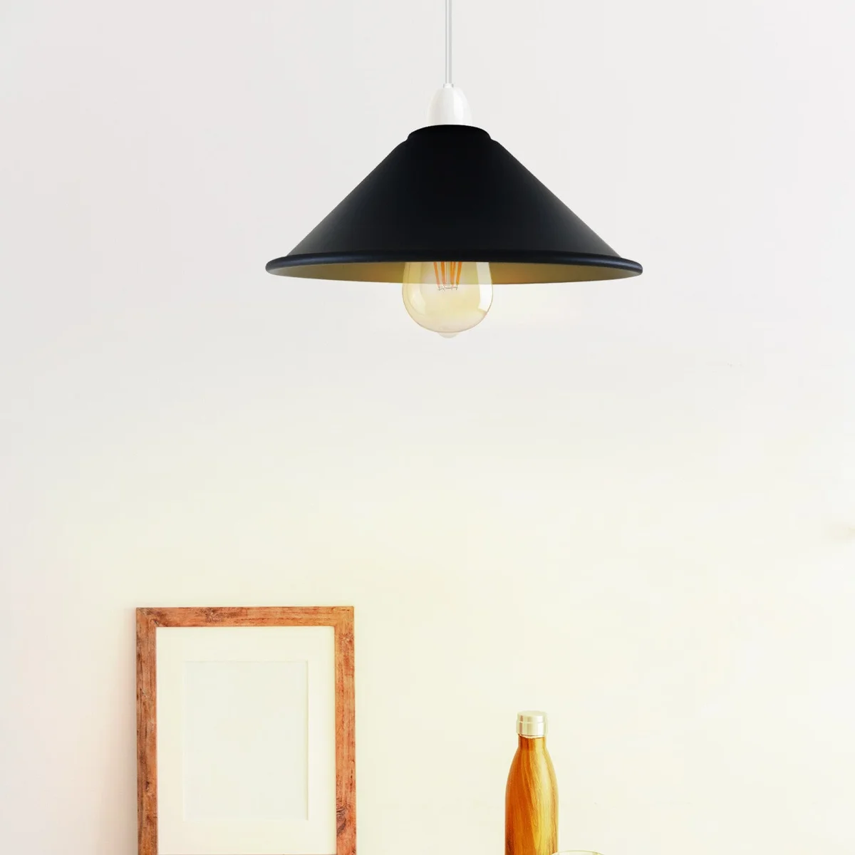Black gold pendant lamp shade with black metal exterior and gold inner cone, easy-fit E27 base, modern industrial style