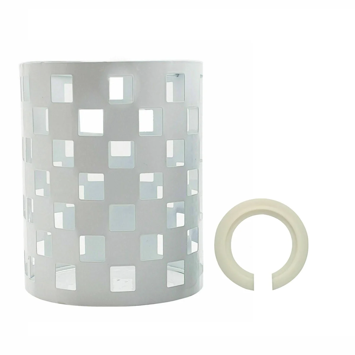 White industrial metal drum lampshade with open wire cage design, easy fit for ceiling light sockets, 13.5cm high