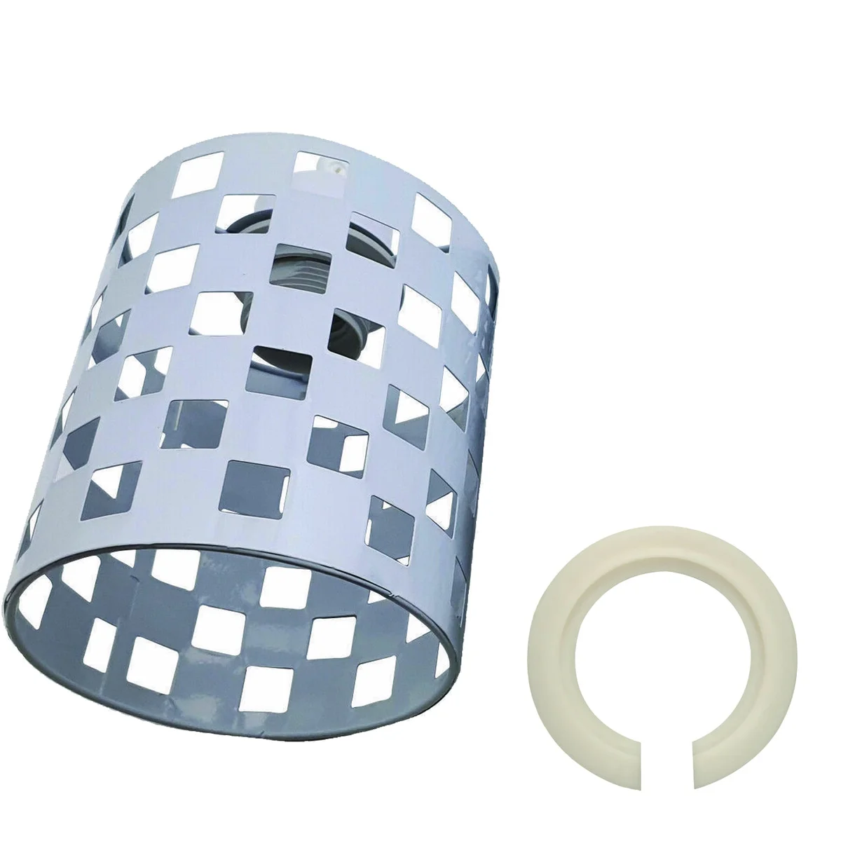 White metal industrial pendant light shade with open drum wire cage design, shown installed on ceiling socket