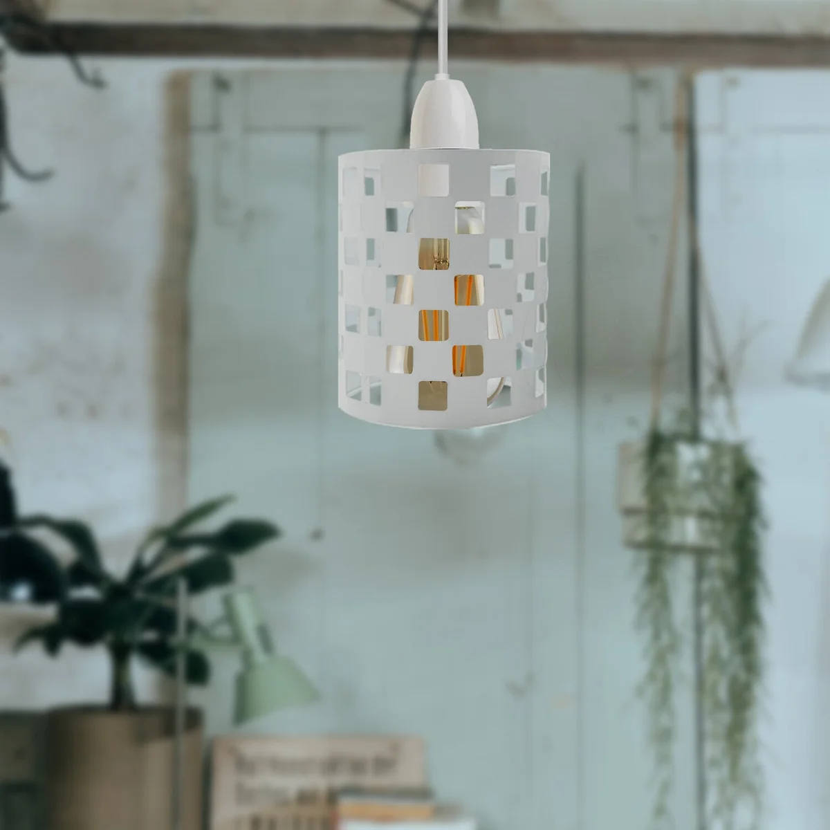 White metal industrial drum lampshade cage with open wire design, fits standard E27 bulb ceiling shade sockets, indoor use