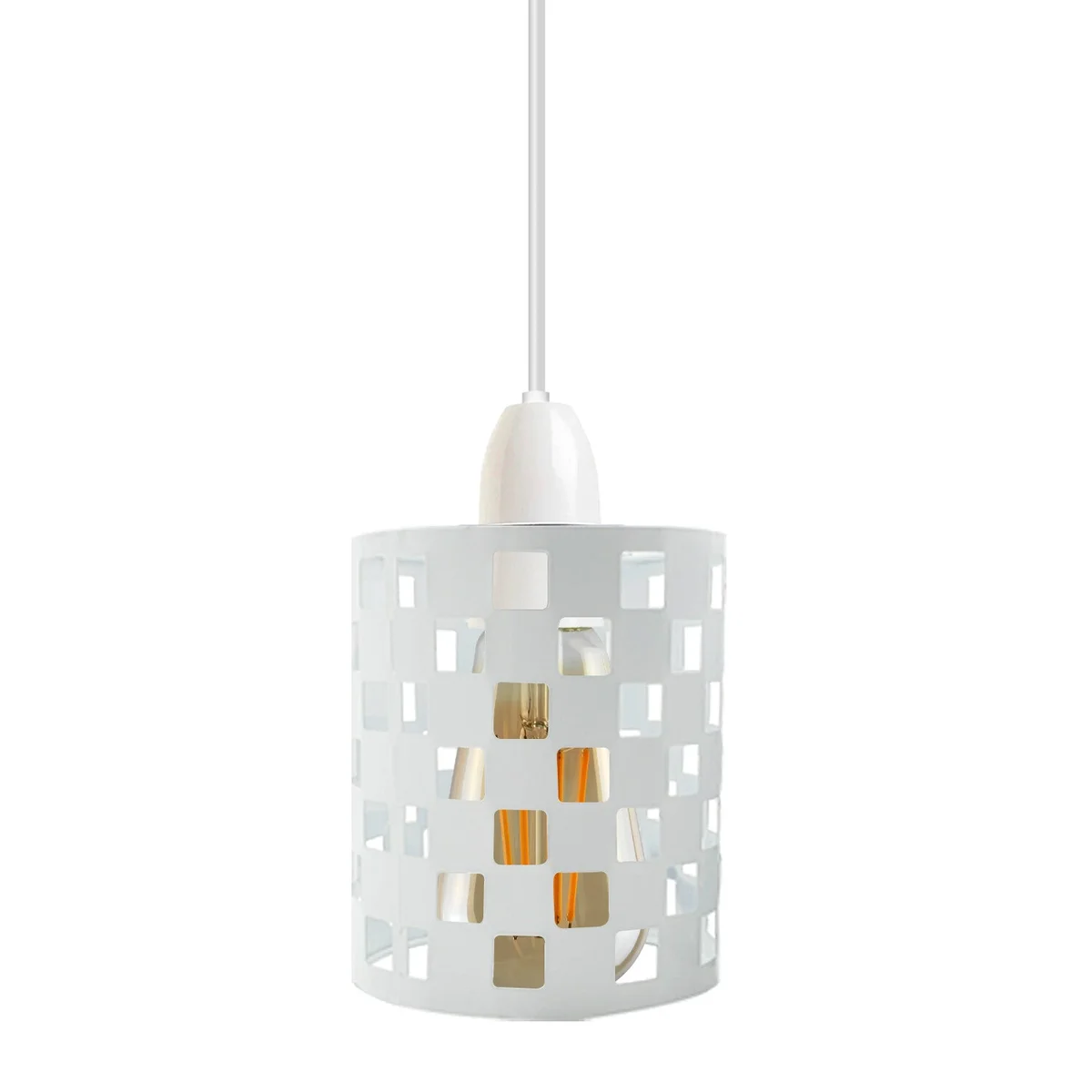 White industrial metal drum lampshade cage with open wire design, easy fit for ceiling light sockets, 13.5cm high