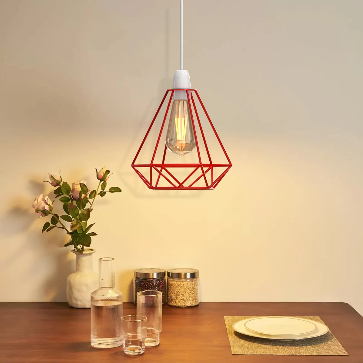Black metal diamond cage pendant lamp shade with open design and reducer plate for ceiling light fixture installation