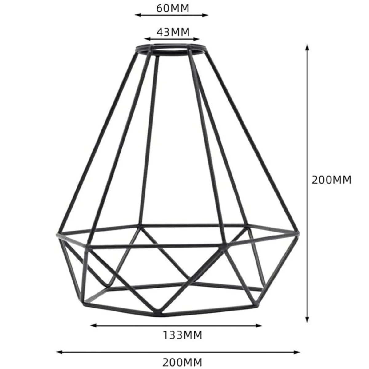 Black diamond-shaped metal wire lampshade with open hole, designed for pendant ceiling light fixtures, 20cm tall and wide