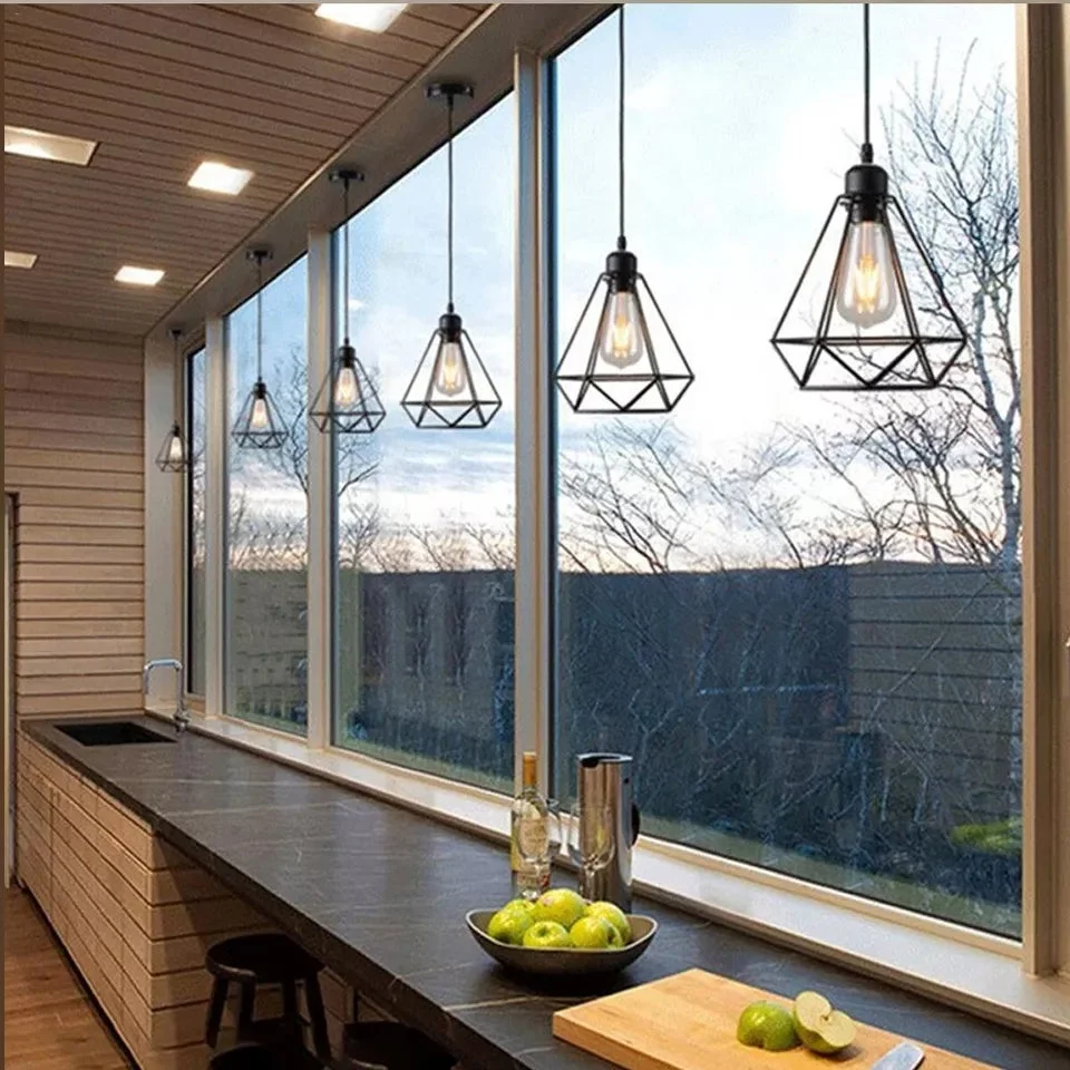 Diamond cage metal wire pendant lampshade in black showing easy fit ceiling light installation with reducer plate attached