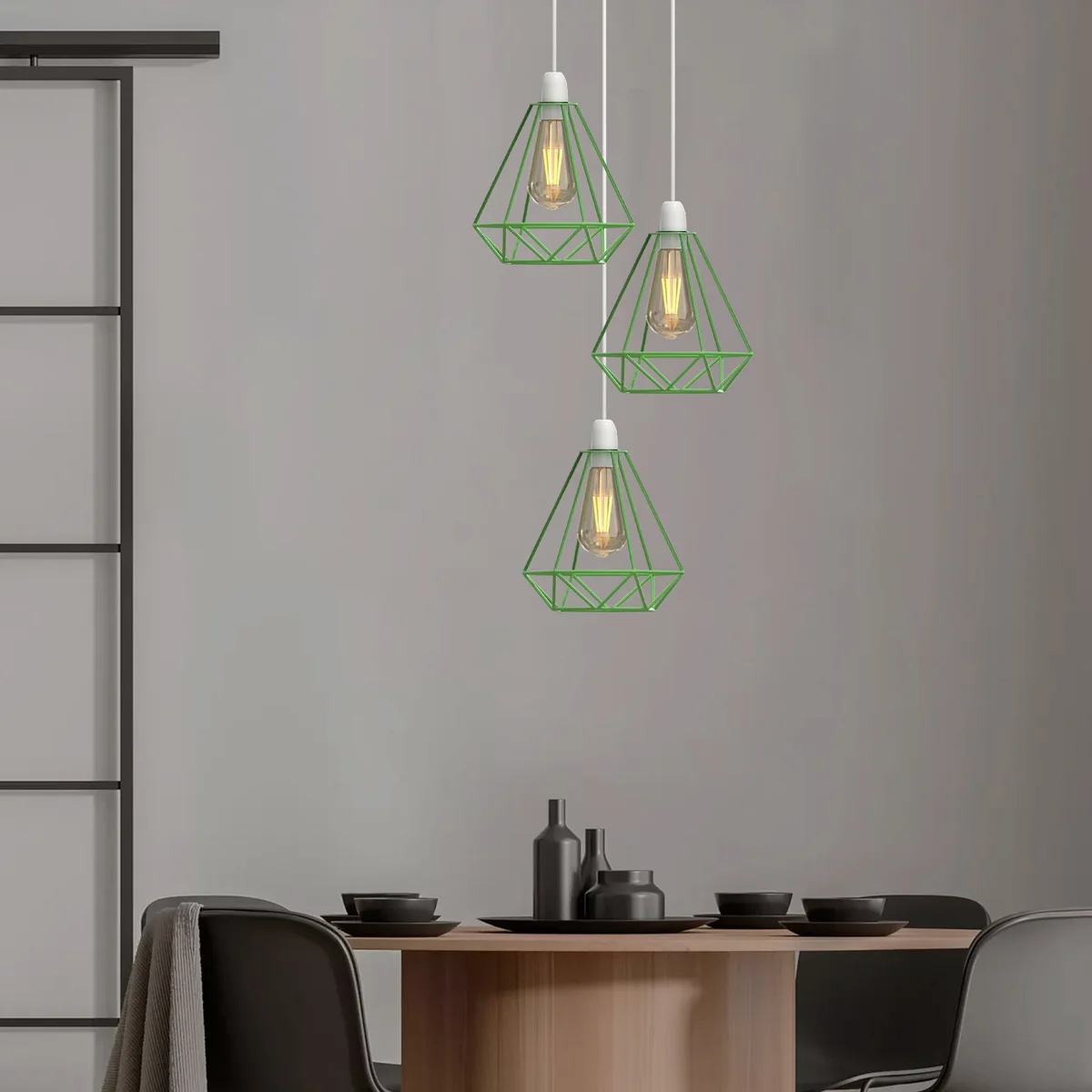 Diamond-shaped metal wire cage pendant lamp shade in black, ideal for indoor pendant lighting with easy bulb access