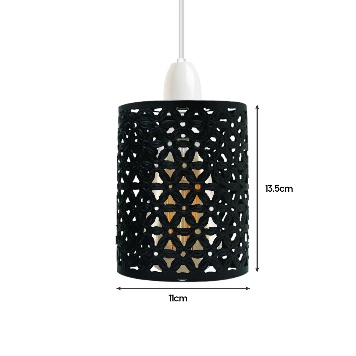 White metal drum wire cage lampshade shown installed, highlighting easy fit ceiling light design and industrial style.