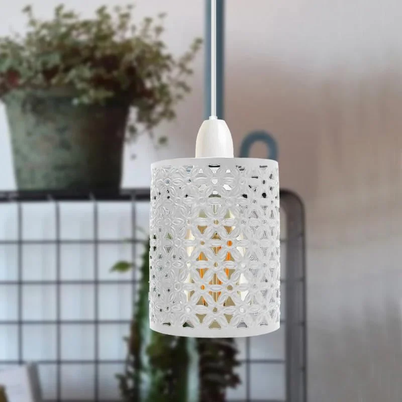 White metal drum wire cage industrial ceiling pendant lampshade with open design and sturdy finish shown against white background
