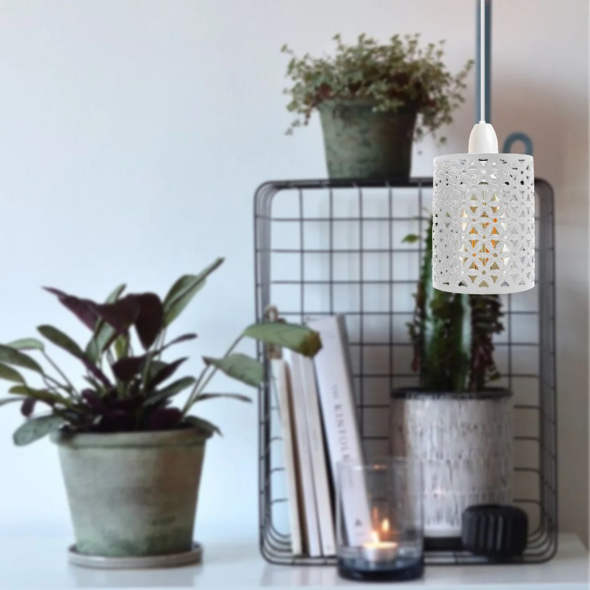 White metal drum wire cage industrial ceiling pendant lampshade with open design, suitable for E27 bulbs, indoor use