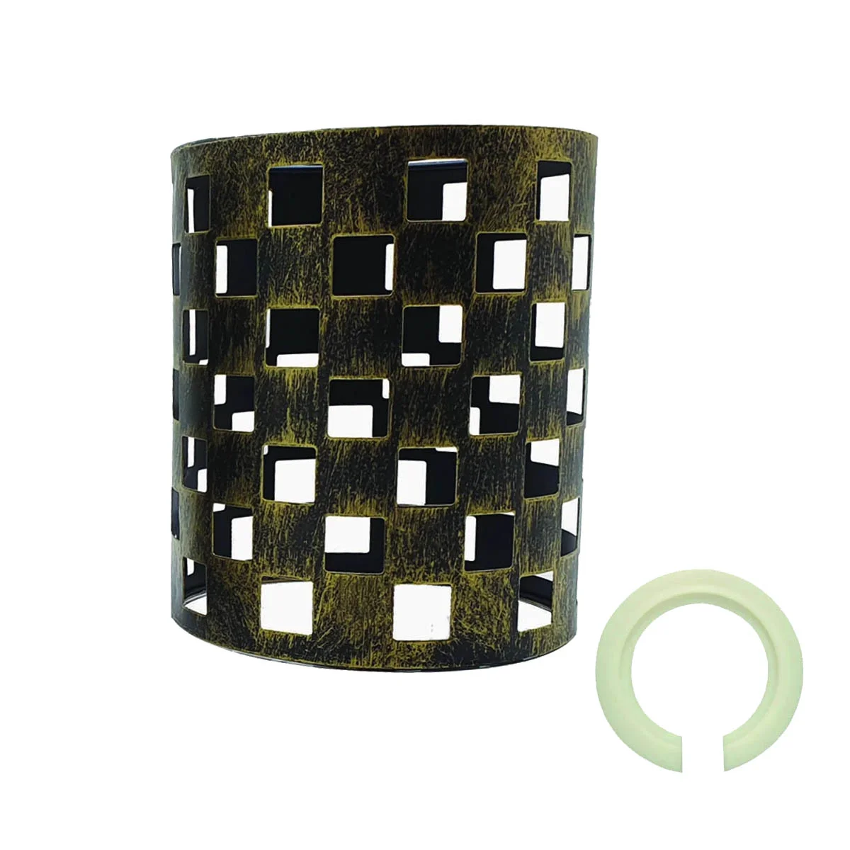 Brushed brass ceiling lampshade with open metal wire cage drum design, lightweight industrial style, 13.5cm tall, 12cm wide.