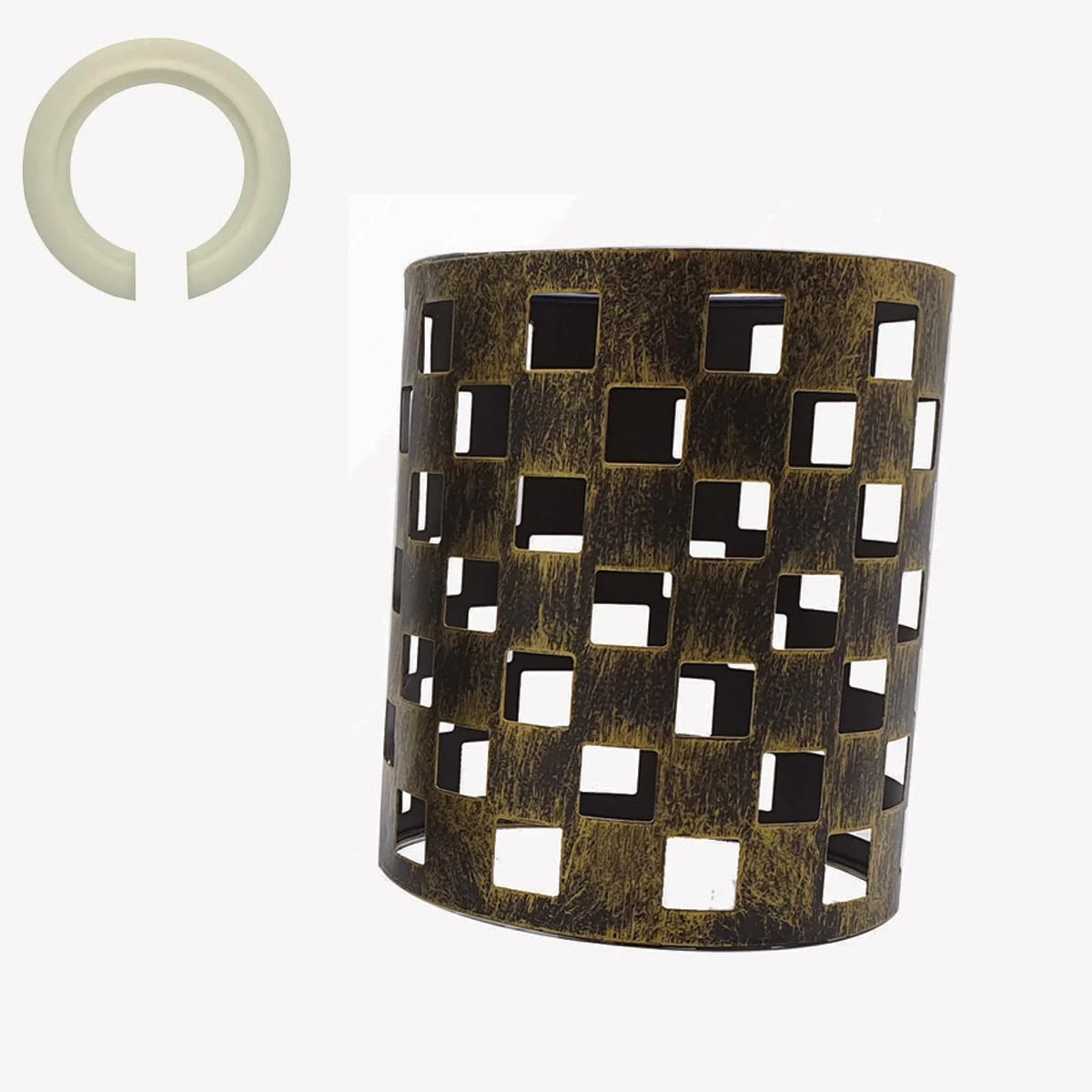 Brushed brass modern drum wire cage light hanging from ceiling, open metal wire design.