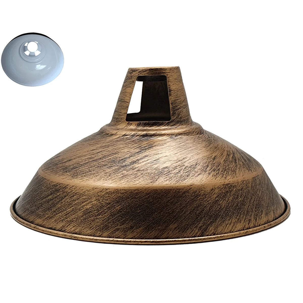 Brushed copper metal industrial ceiling pendant light with vintage loft style lampshade and glossy finish