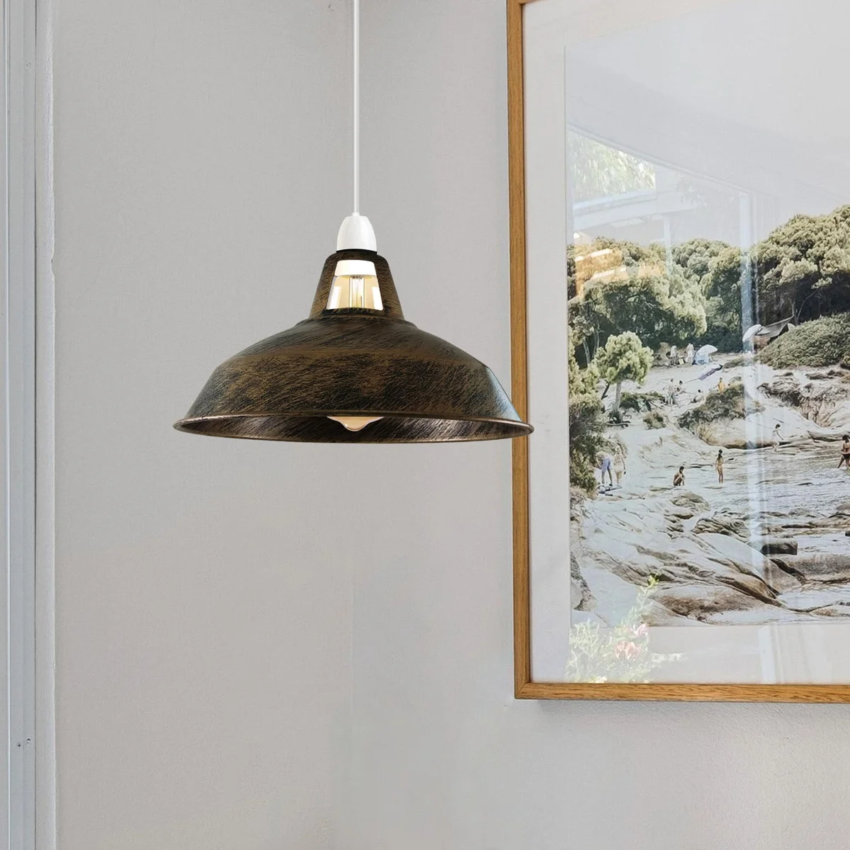 Brushed copper metal lampshade in vintage pendant lighting style with industrial loft design, glossy finish ceiling shade